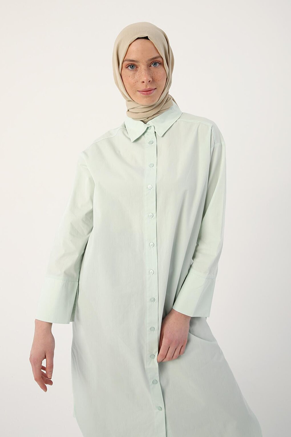 Water Green 100% Cotton Slit Long Shirt Tunic