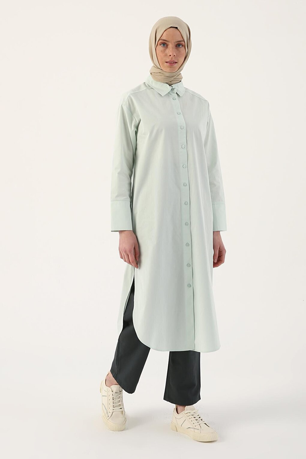 Water Green 100% Cotton Slit Long Shirt Tunic