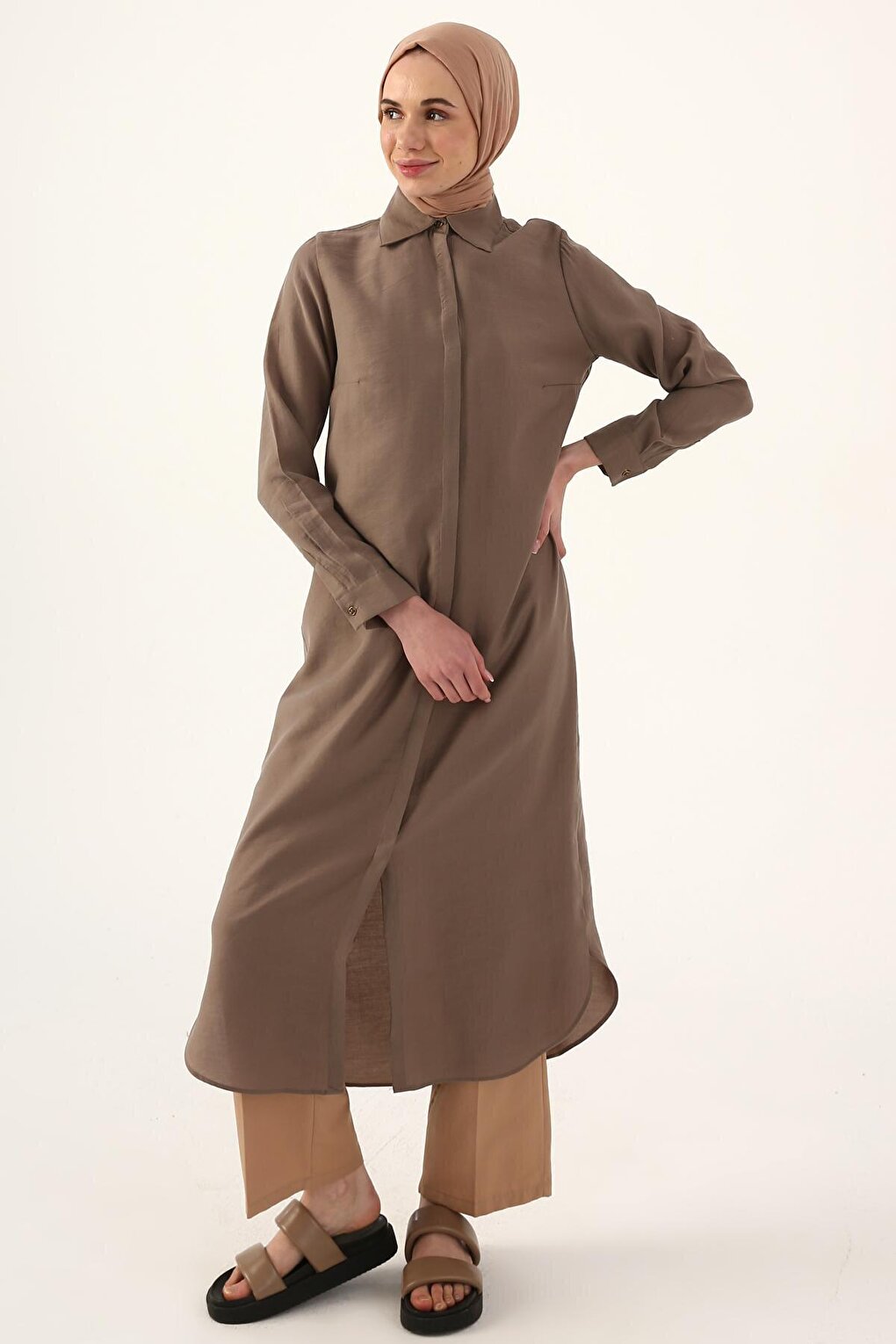 Basic Long Shirt Tunic with Mink Hidden Placket