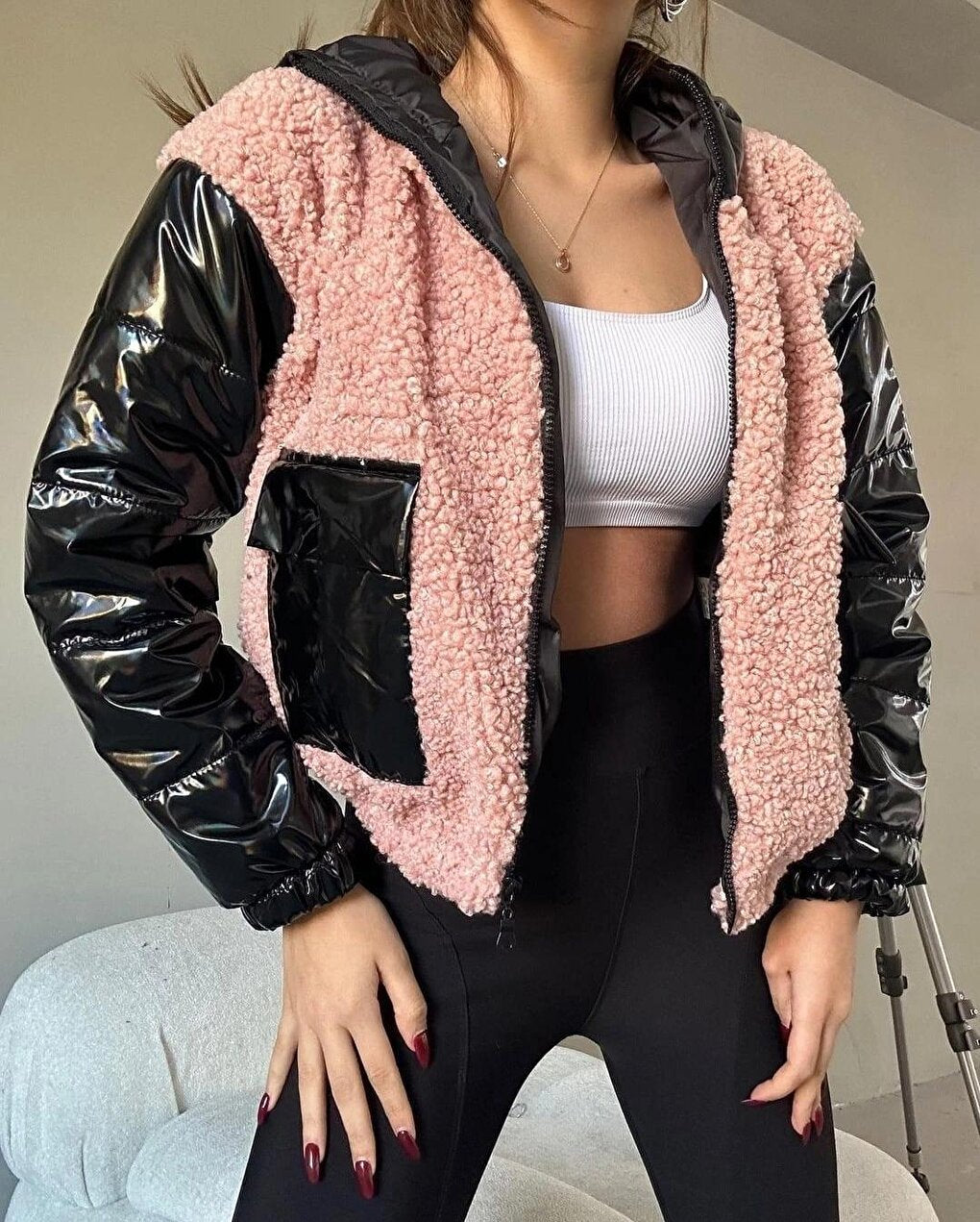 Women's Pink Black Patent Leather Lined Hooded Crop Plush Jacket with Elastic Waist HZL24W-BRC144441