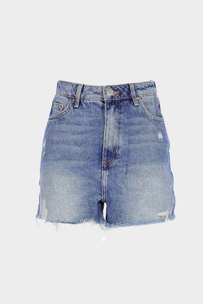 Medium Blue High Waist Frayed Jean Shorts C 4534-068