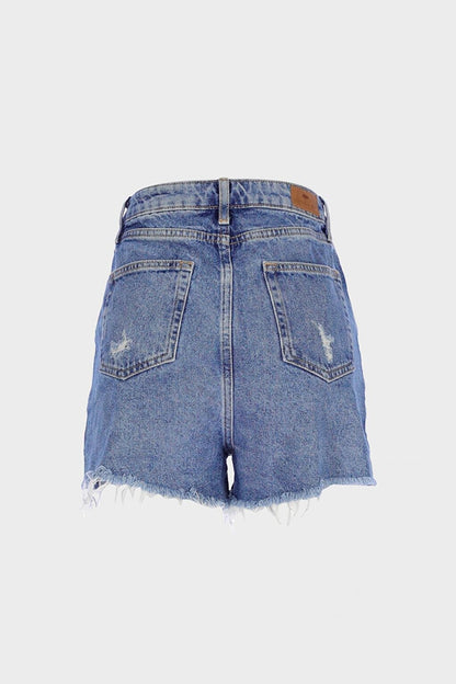 Medium Blue High Waist Frayed Jean Shorts C 4534-068