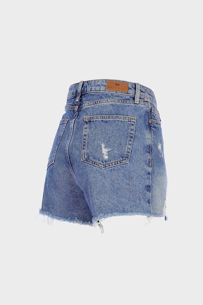 Medium Blue High Waist Frayed Jean Shorts C 4534-068