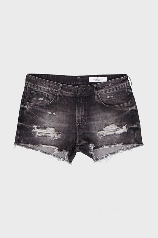 Black Regular Waist Cut-Out and Frayed Mini Jean Shorts C 4534-056