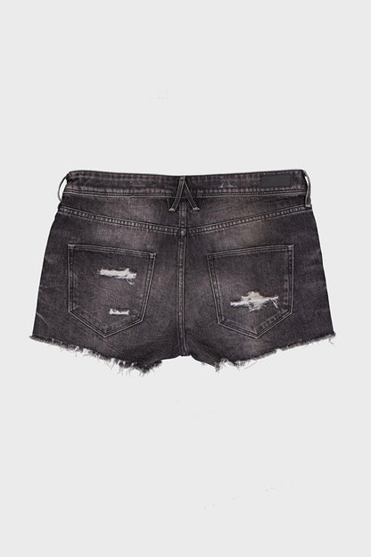 Black Regular Waist Cut-Out and Frayed Mini Jean Shorts C 4534-056