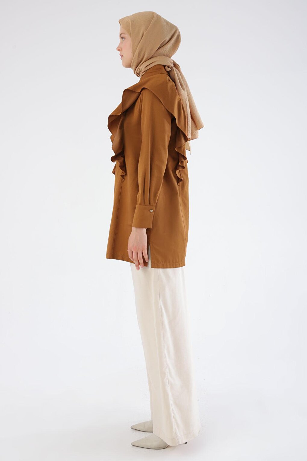 Brown Stone Fall Flounce Satin Shirt Tunic