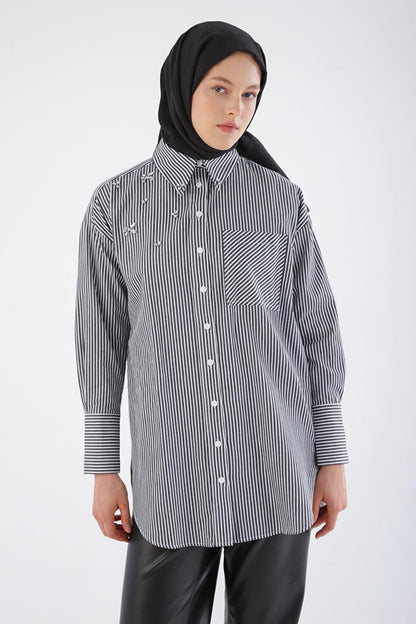 Black-White 100% Cotton Stone Striped Shirt Tunic