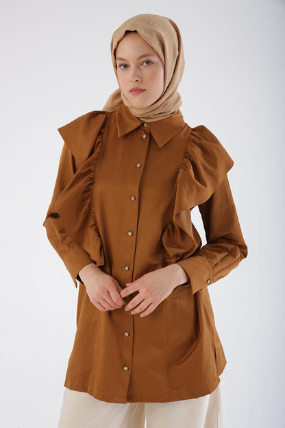 Brown Stone Fall Flounce Satin Shirt Tunic