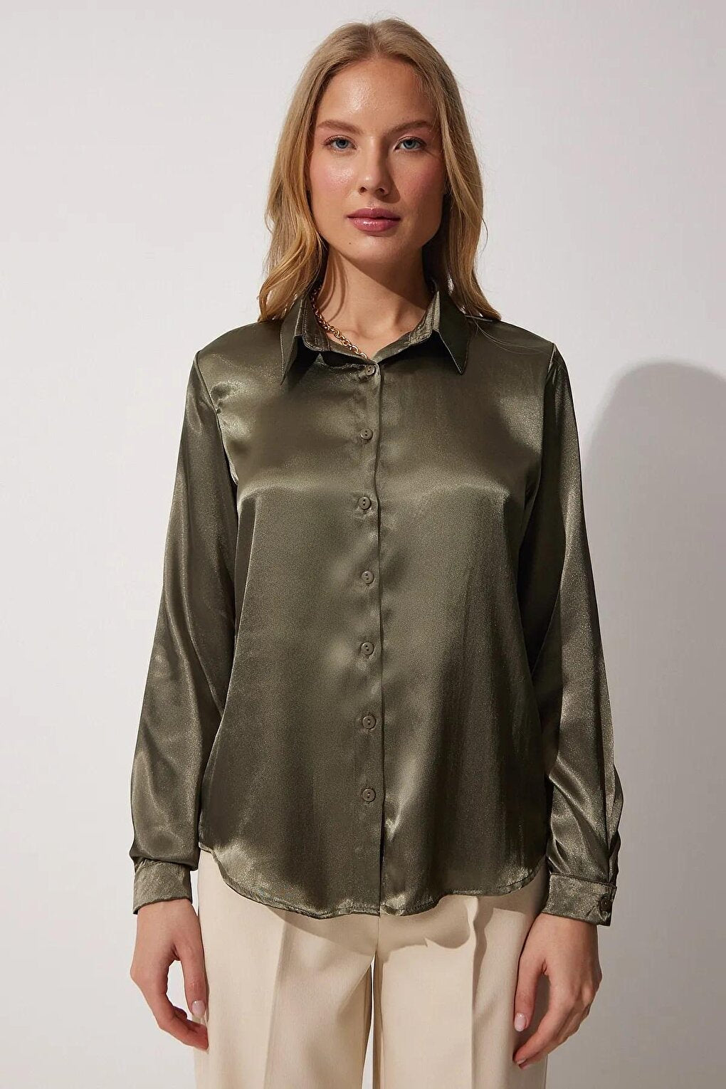 Women's Dark Khaki Flowy Viscose Basic Satin Shirt