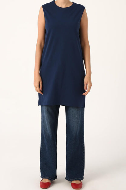 Dark Blue Collared Sleeveless Basic Tunic