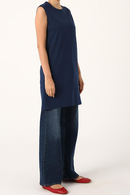 Dark Blue Collared Sleeveless Basic Tunic