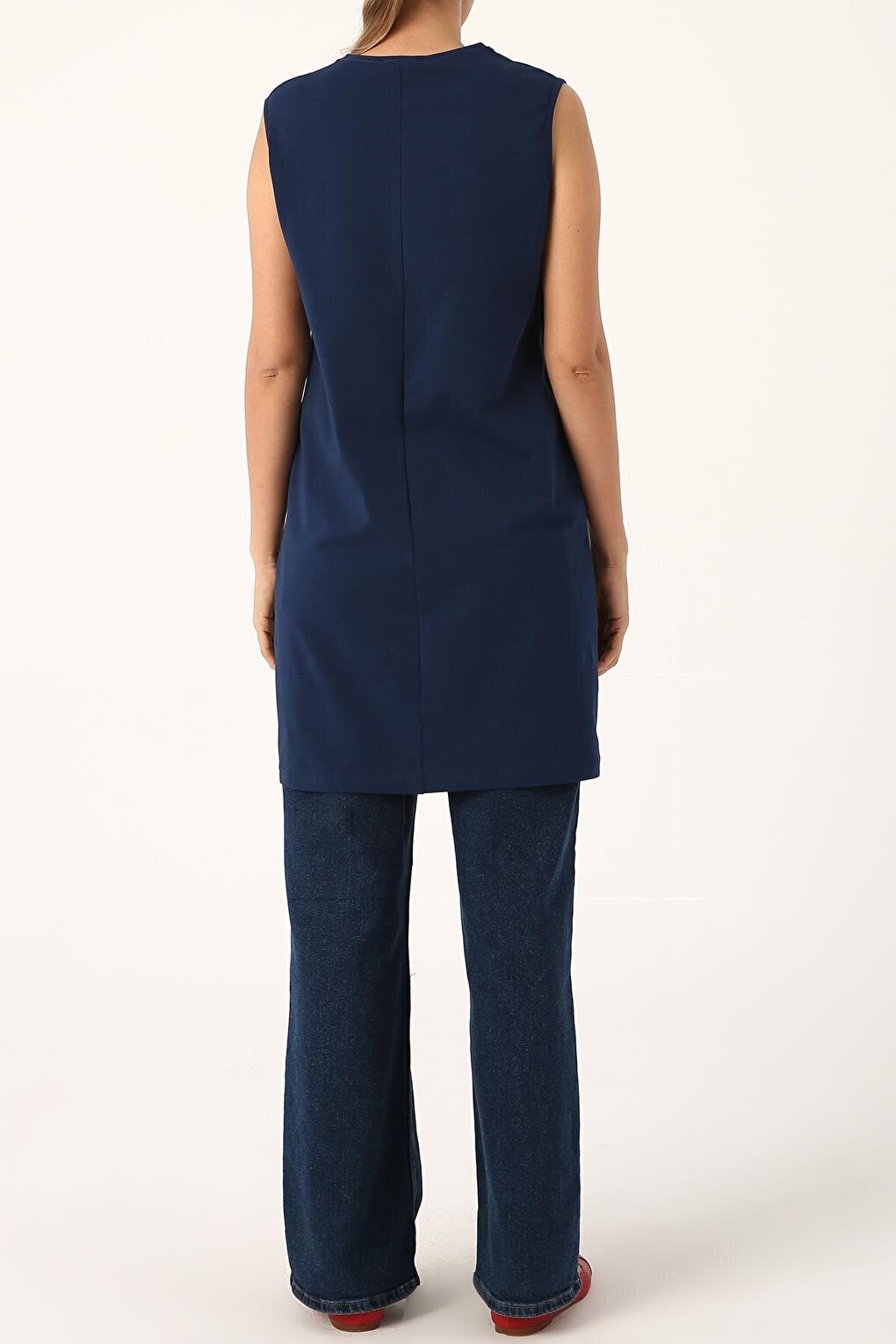 Dark Blue Collared Sleeveless Basic Tunic