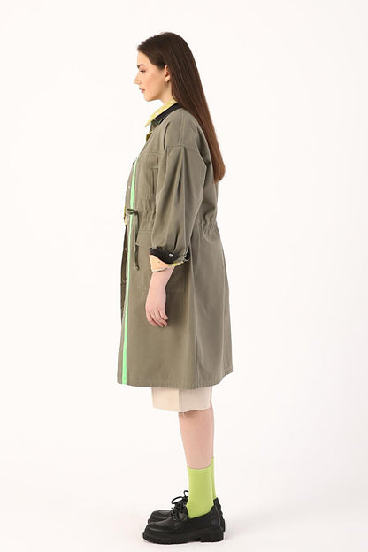 Light Green 100% Cotton Neon Detailed Snap Fasten Sports Trench Coat