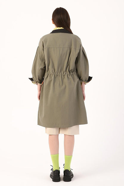 Light Green 100% Cotton Neon Detailed Snap Fasten Sports Trench Coat