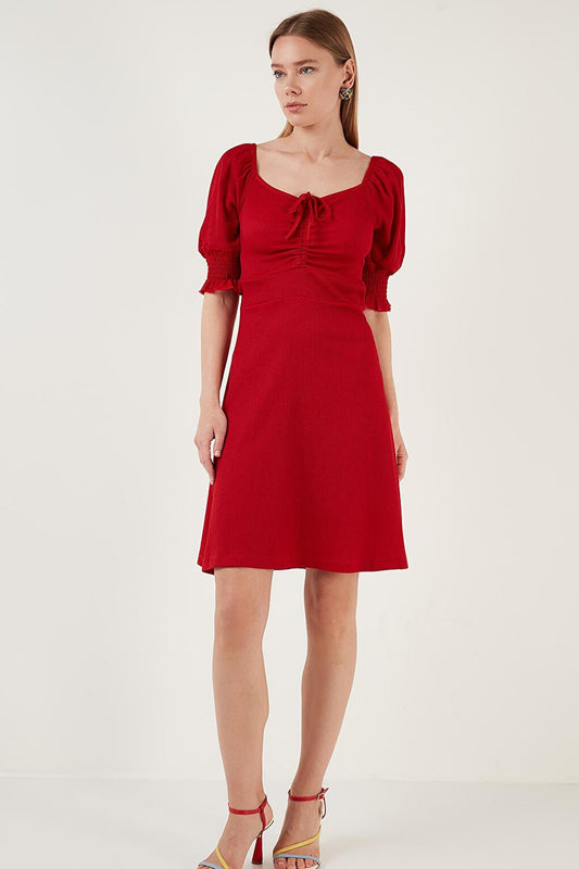 Crinkle Gathered V-Neck Sleeves Gipe Dress 5865034