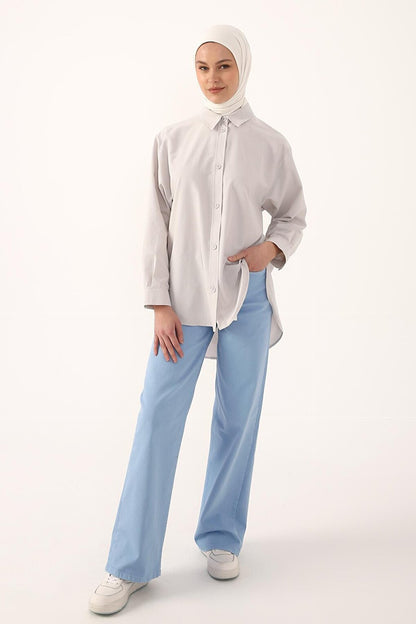 Light Gray Fabric Covered Buttoned Oversize Shirt