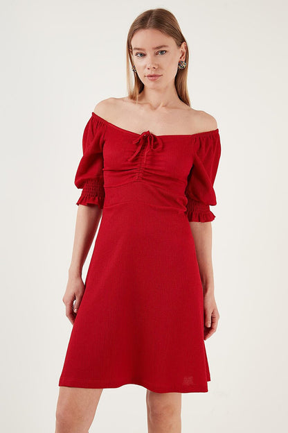 Crinkle Gathered V-Neck Sleeves Gipe Dress 5865034