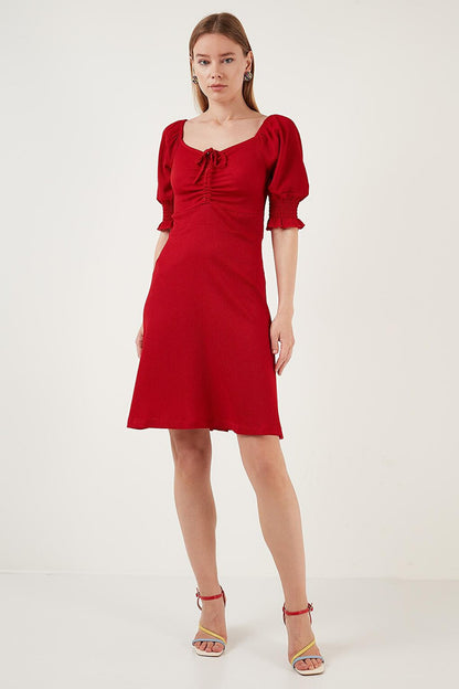 Crinkle Gathered V-Neck Sleeves Gipe Dress 5865034