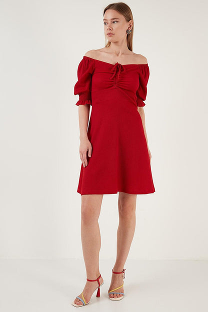 Crinkle Gathered V-Neck Sleeves Gipe Dress 5865034