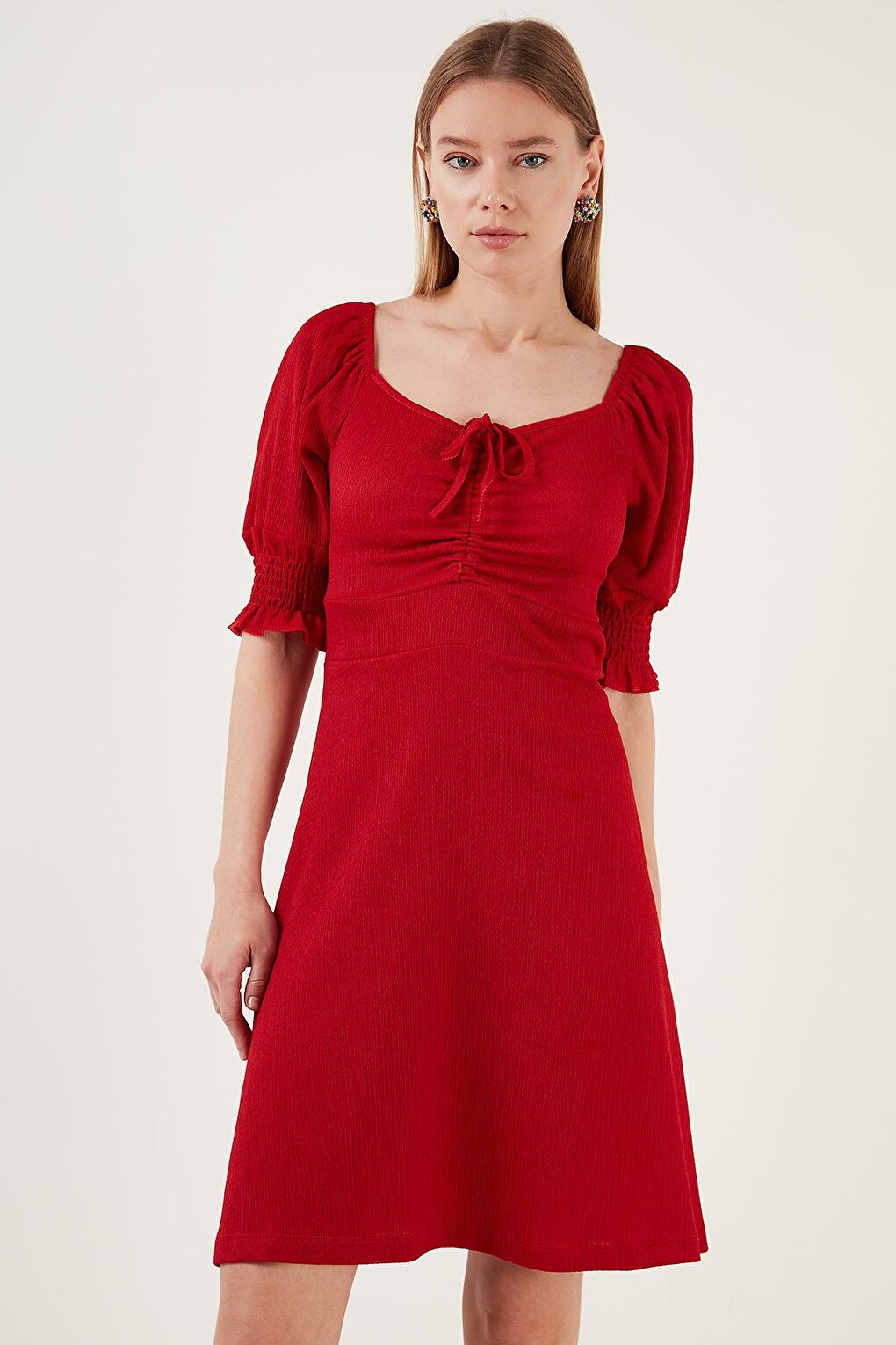 Crinkle Gathered V-Neck Sleeves Gipe Dress 5865034