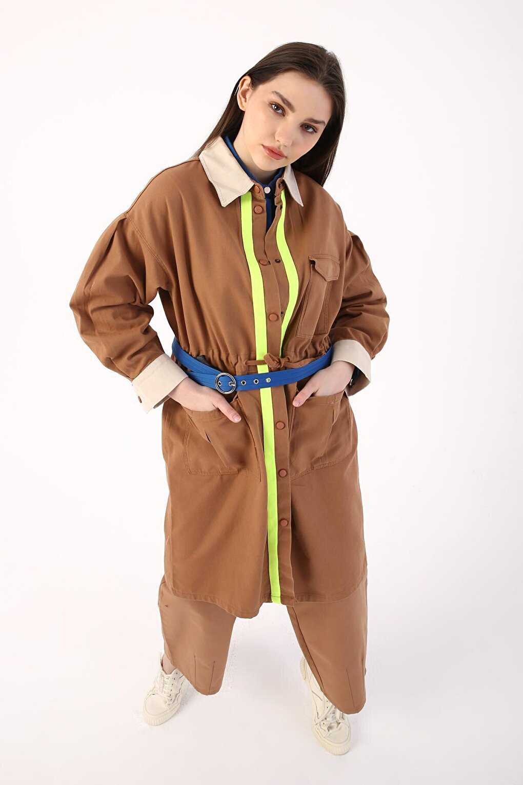 Soil 100% Cotton Neon Detailed Snap Fasten Sports Trench Coat