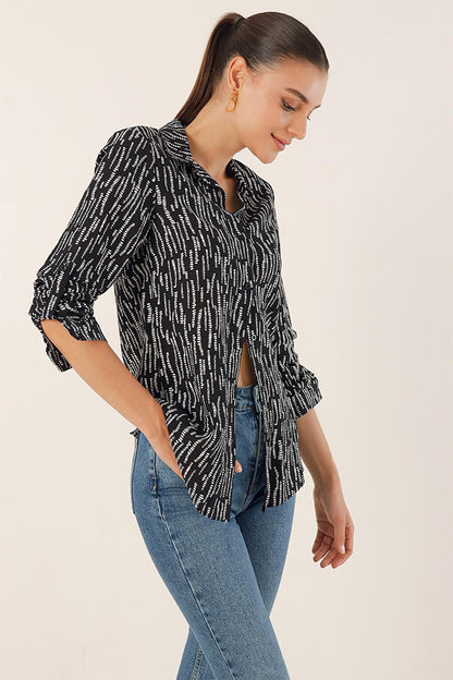 Women's Black Sleeve Folded Patterned Viscose Shirt