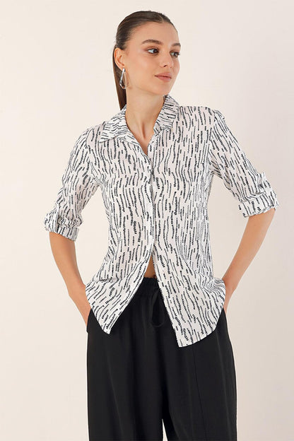 Women's White Sleeve Folded Patterned Viscose Shirt