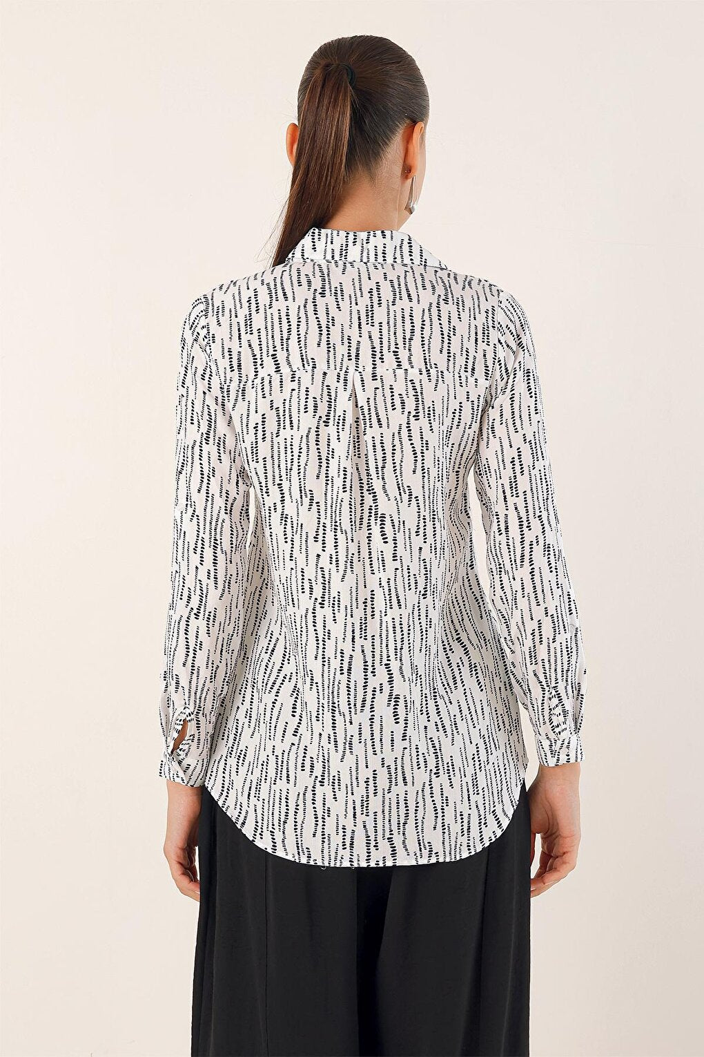 Women's White Sleeve Folded Patterned Viscose Shirt