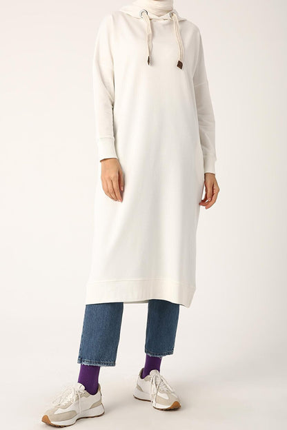 Ecru Eyelet Hooded Sweat Tunic with Pockets