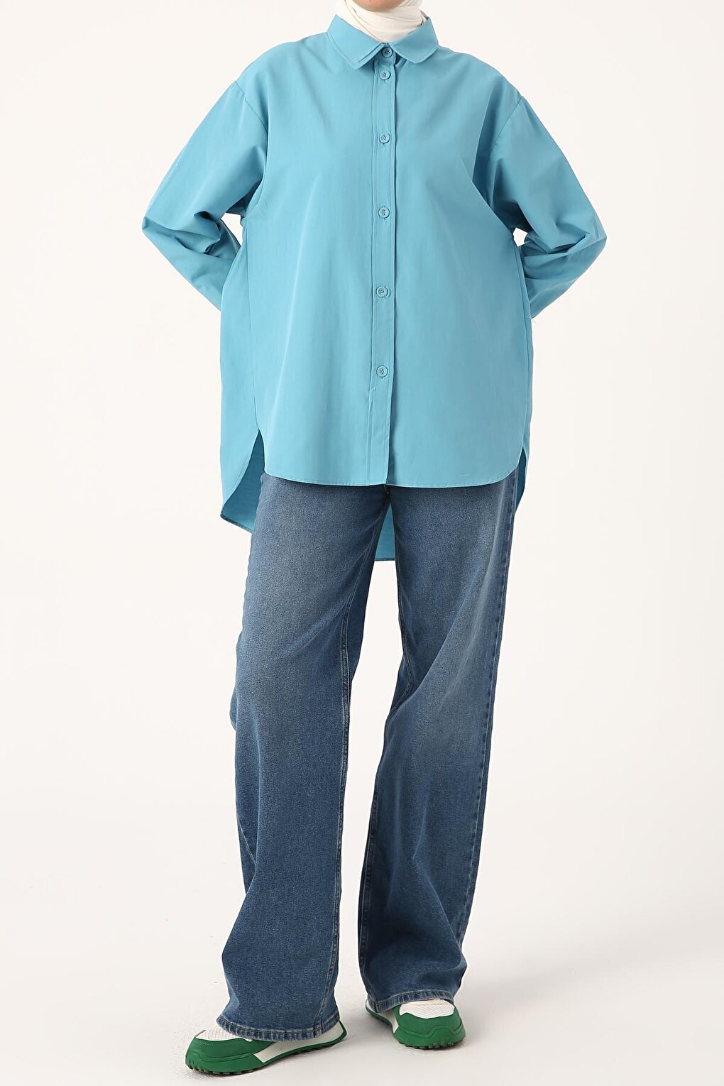 Turquoise Fabric Covered Buttoned Oversize Shirt