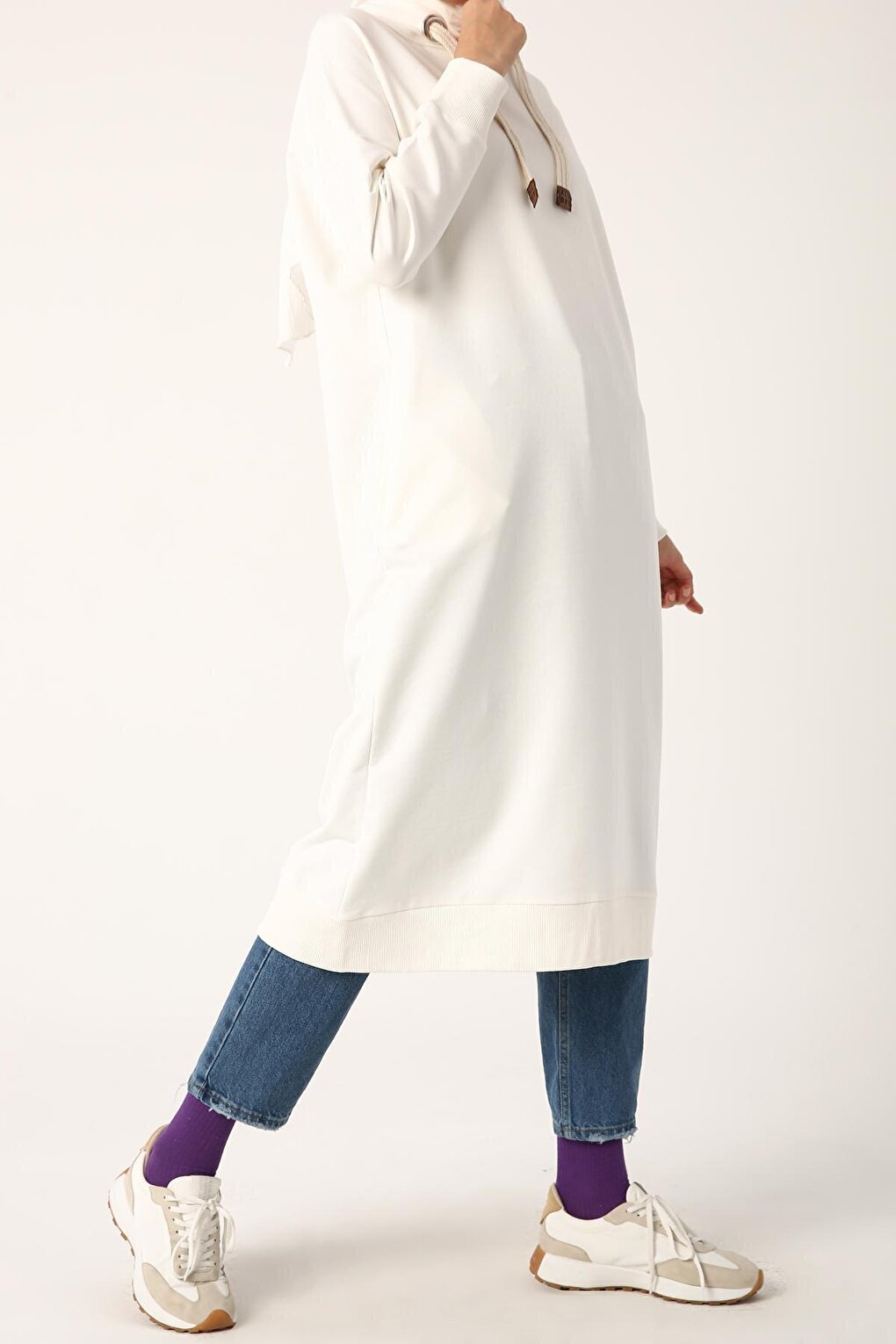 Ecru Eyelet Hooded Sweat Tunic with Pockets