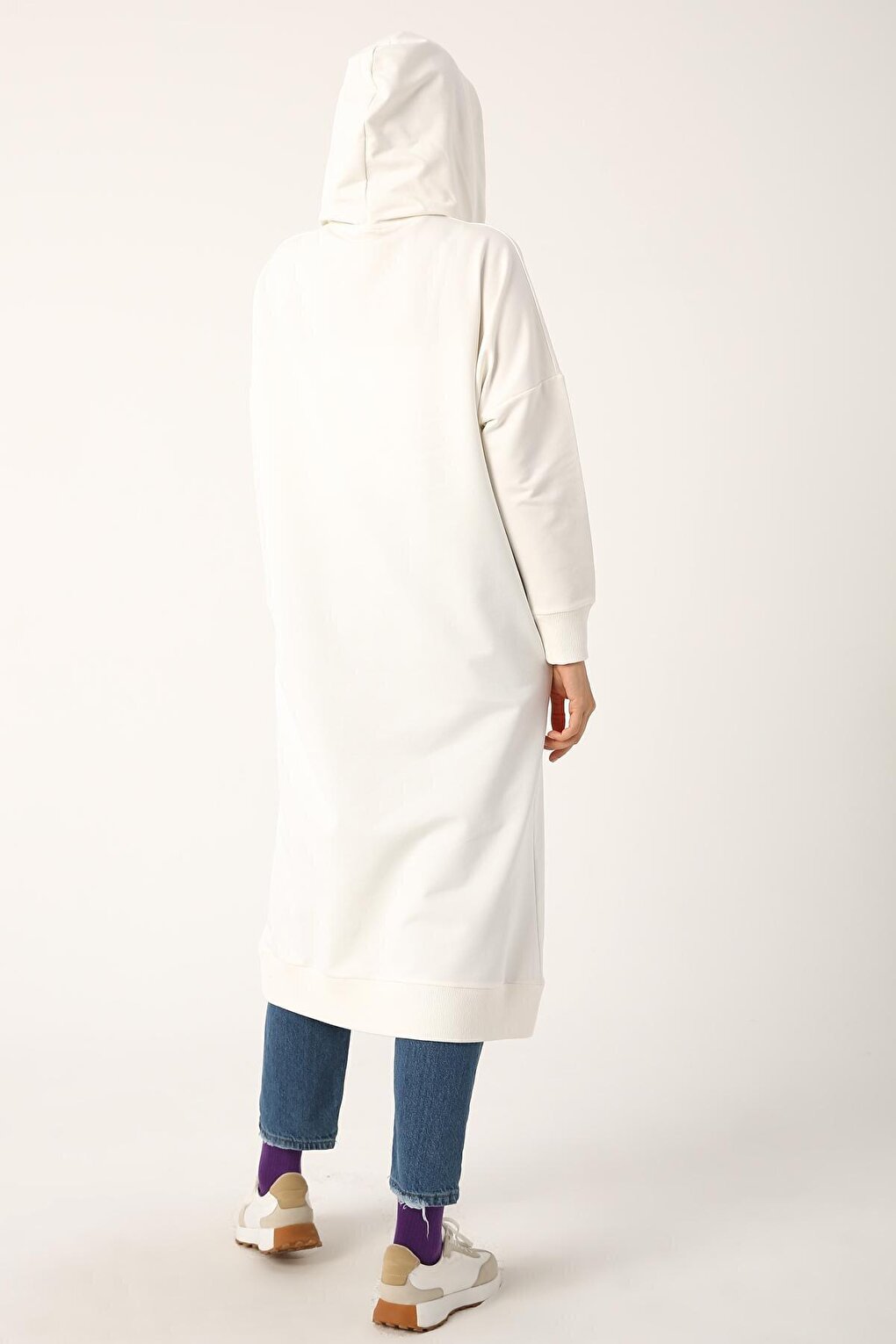 Ecru Eyelet Hooded Sweat Tunic with Pockets