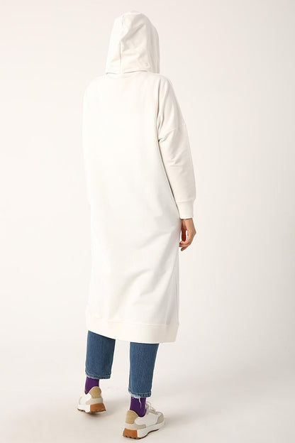 Ecru Eyelet Hooded Sweat Tunic with Pockets