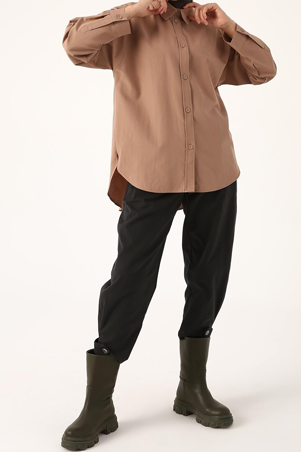 Milk Brown Fabric Covered Buttoned Oversize Shirt