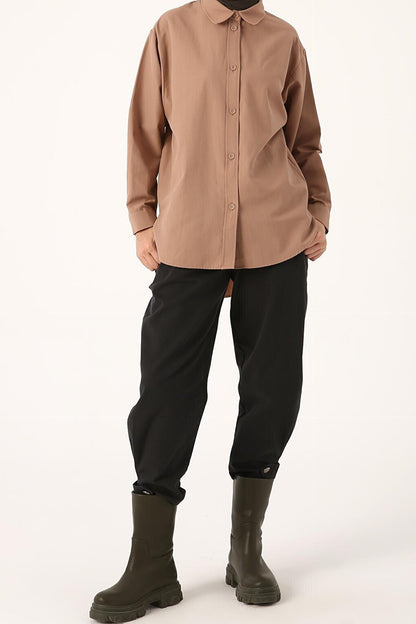 Milk Brown Fabric Covered Buttoned Oversize Shirt