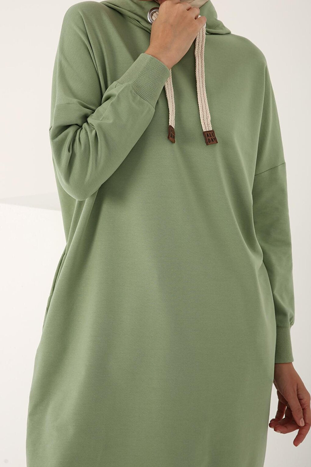 Pale Green Eyelet Hooded Sweat Tunic with Pockets