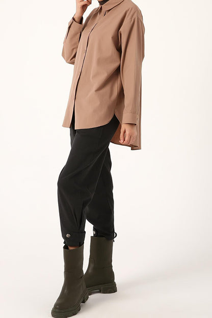 Milk Brown Fabric Covered Buttoned Oversize Shirt