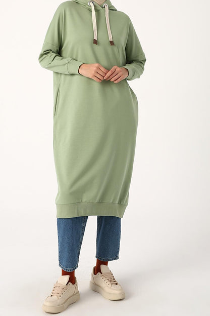 Pale Green Eyelet Hooded Sweat Tunic with Pockets