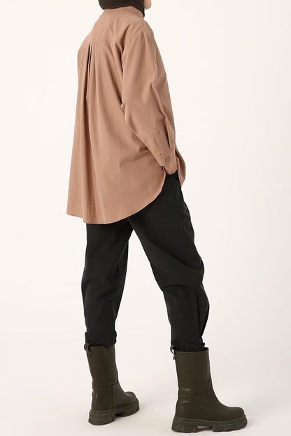 Milk Brown Fabric Covered Buttoned Oversize Shirt