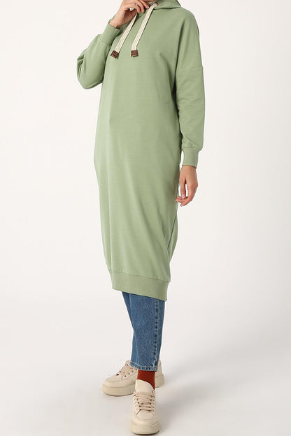 Pale Green Eyelet Hooded Sweat Tunic with Pockets