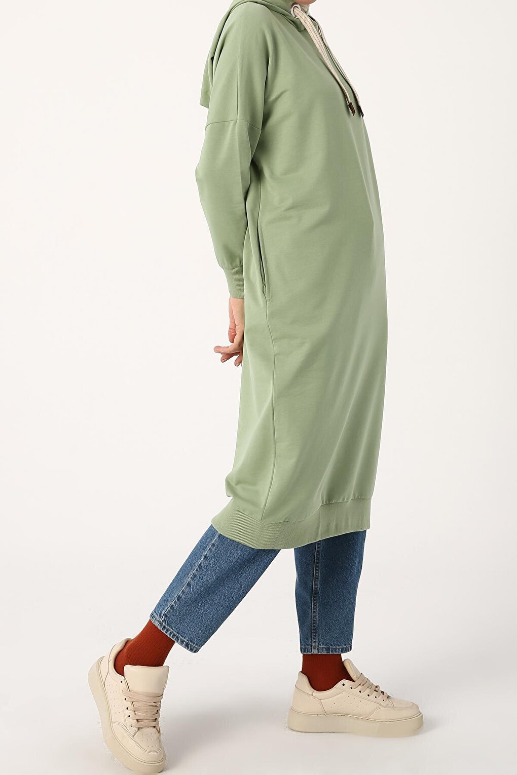 Pale Green Eyelet Hooded Sweat Tunic with Pockets