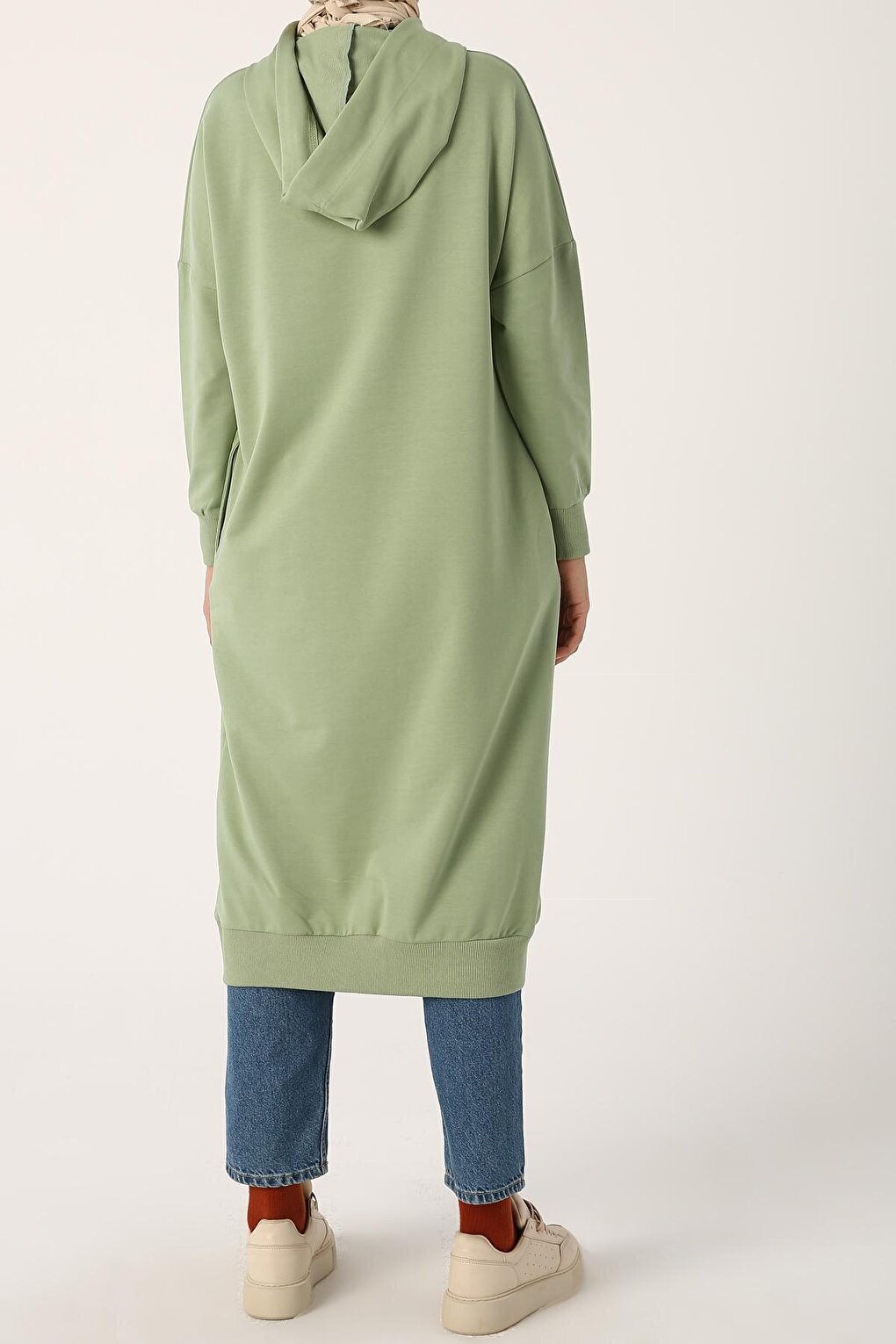 Pale Green Eyelet Hooded Sweat Tunic with Pockets