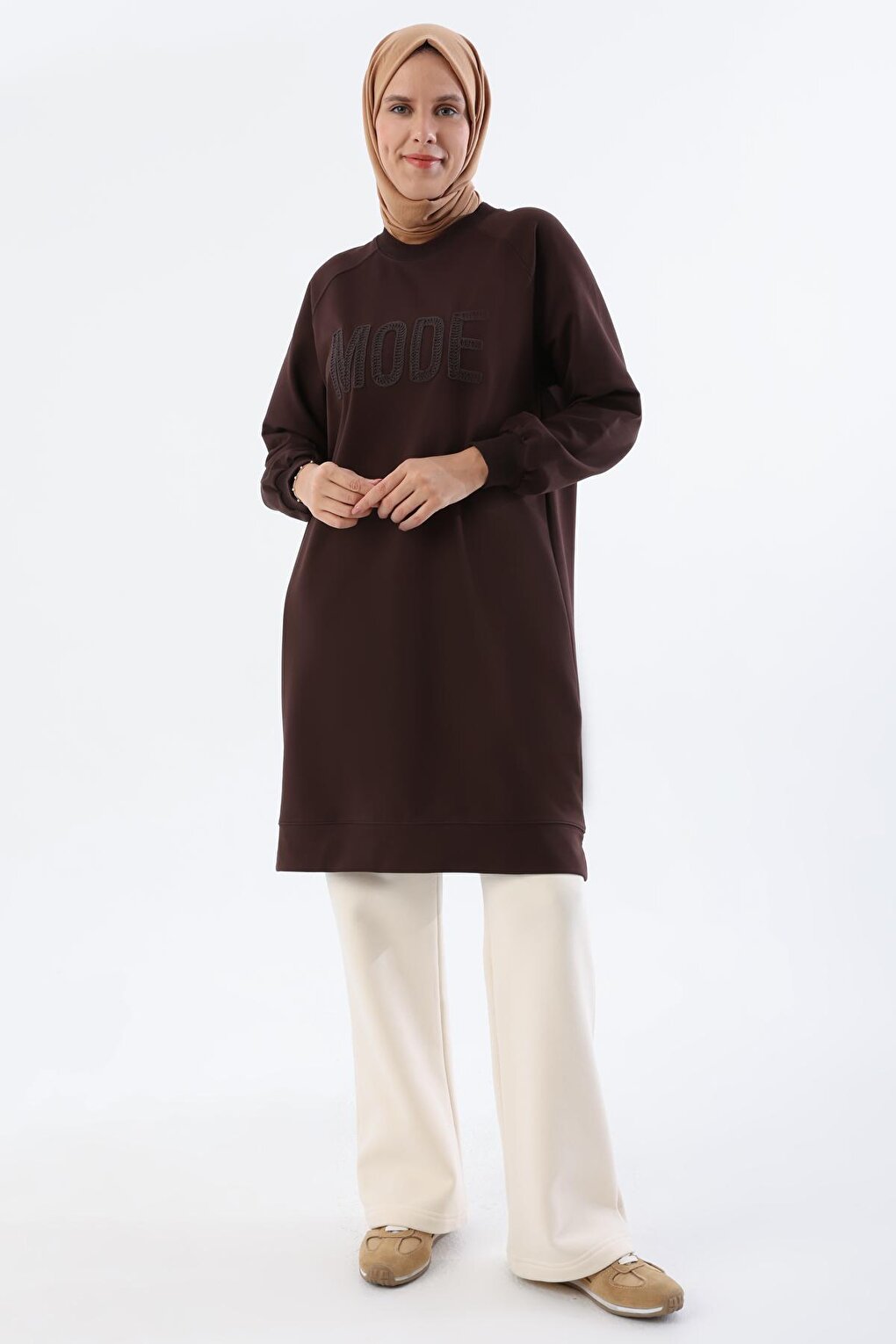 Bitter Brown Mode Embroidered Raglan Sleeve Tunic