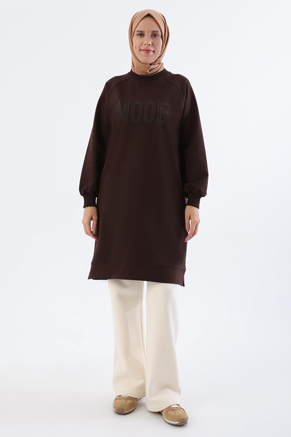 Bitter Brown Mode Embroidered Raglan Sleeve Tunic