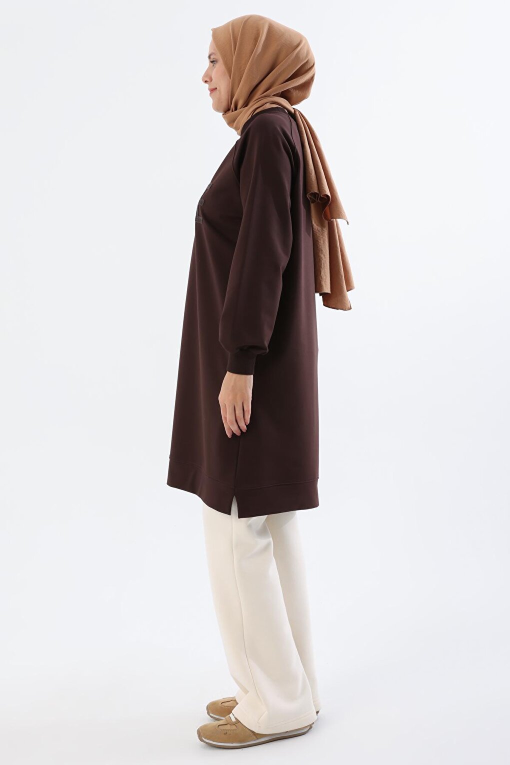 Bitter Brown Mode Embroidered Raglan Sleeve Tunic