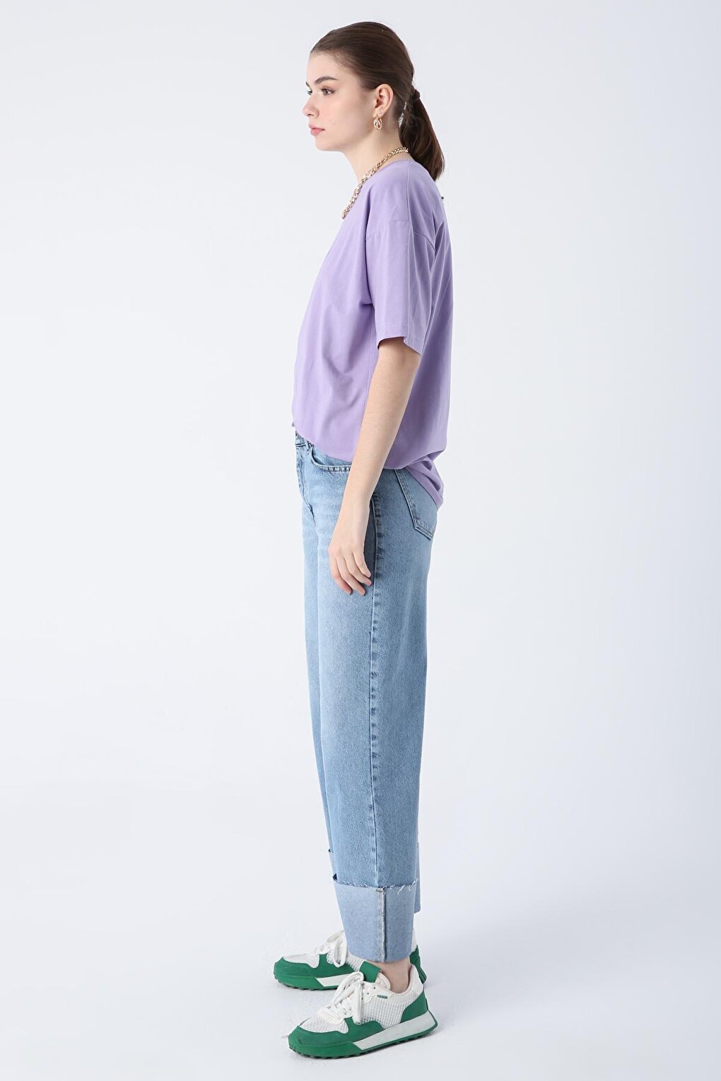 Mavi01 100% Cotton High Waist Wide Leg Denim Trousers with Fold Detail