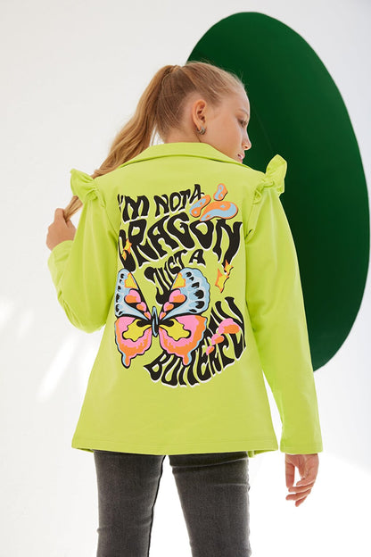 Girl's Seasonal Colorful Jacket with Butterfly Print on the Back and Ruffles