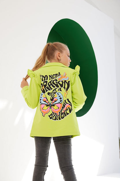 Girl's Seasonal Colorful Jacket with Butterfly Print on the Back and Ruffles