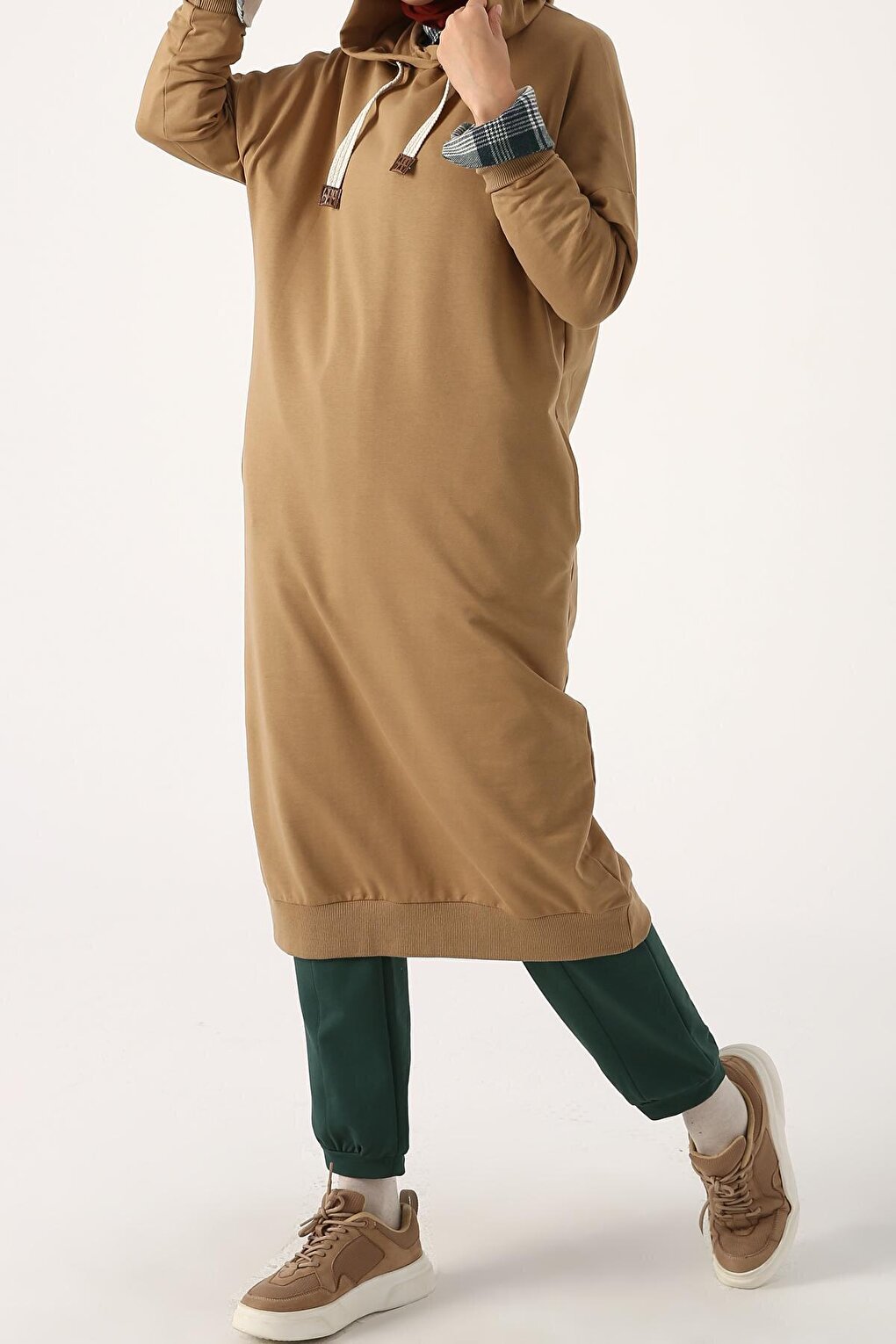 Dirty Beige Eyelet Hooded Sweat Tunic with Pockets