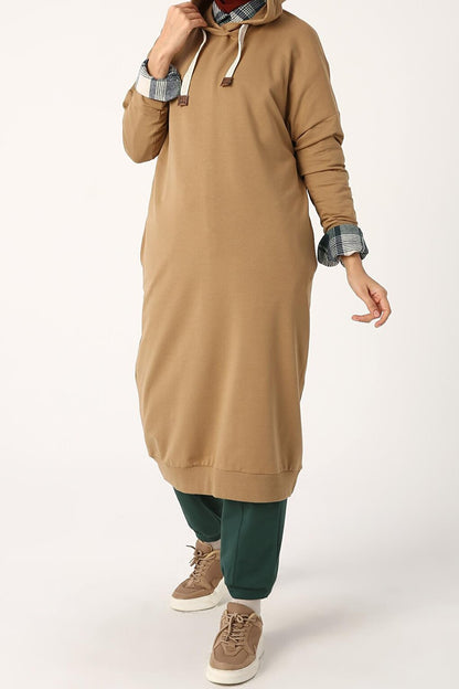 Dirty Beige Eyelet Hooded Sweat Tunic with Pockets